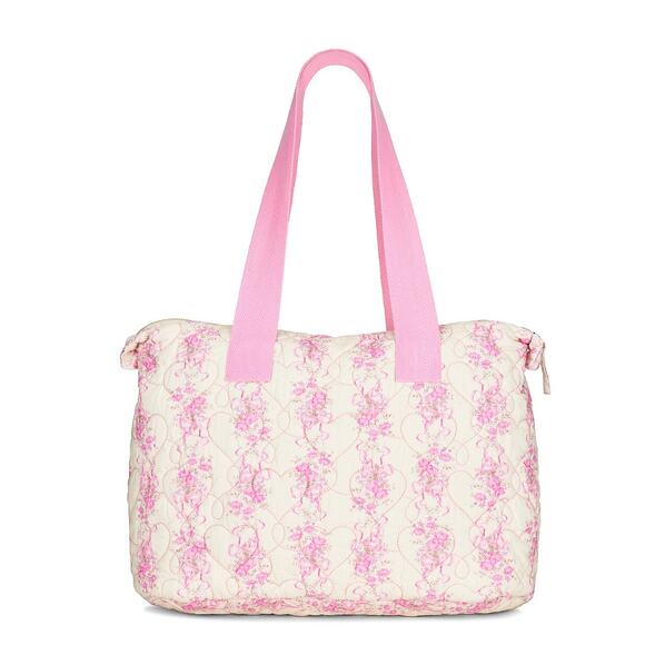 LoveShackFancy Oran Quilted Weekender Bag Pink Floral Heart Stitch Cotton - Picture 1 of 8